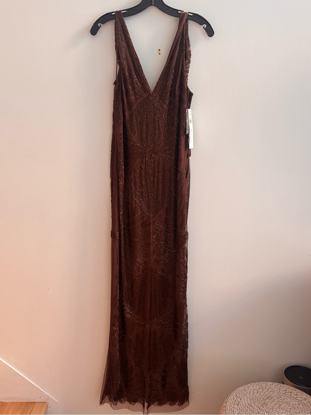 Aidan Mattox Brown Beaded V-Neck Maxi Gown